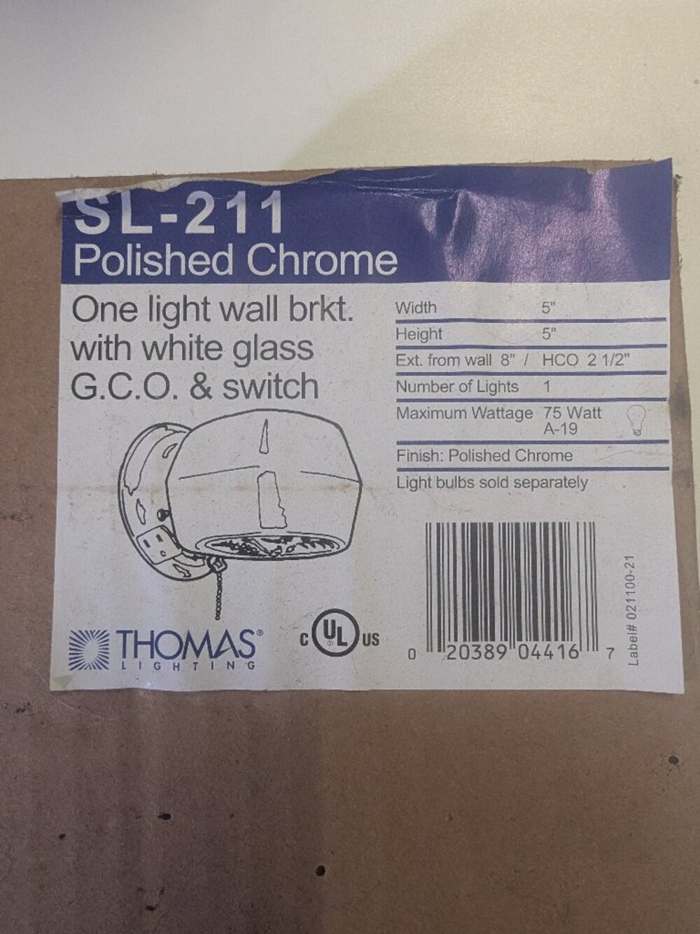 Vintage Thomas Lighting SL-211 Polished Chrome One Wall Light Brkt White Glass